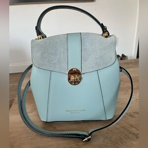 Viola Castellani new baby blue Italian leather and suede top handle bag purse